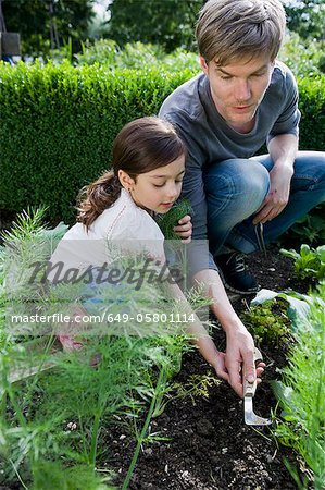 Father and daughter gardening together