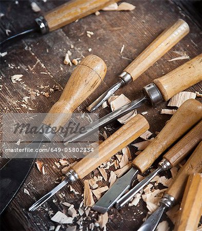 Close up of wood carving tools