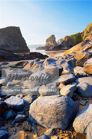 Boulders and Sea Stacks at Low Tide, Bedruthan Steps, Cornwall, England