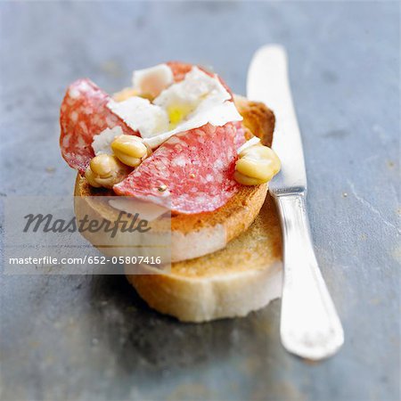 Dried sausage,pecorino and broad bean Bruschetta Dried sausage,pecorino and broad bean Bruschetta