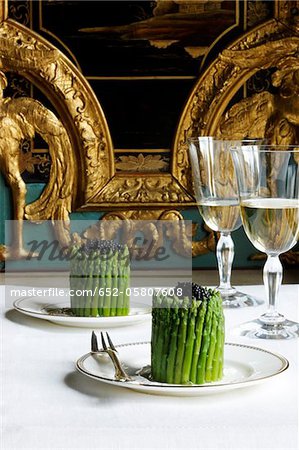 Green asparagus and lumpfish roe savoury Charlottes in a luxurious decor
