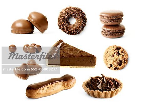 Bonbons, gâteaux, pâtisseries et biscuits au chocolat