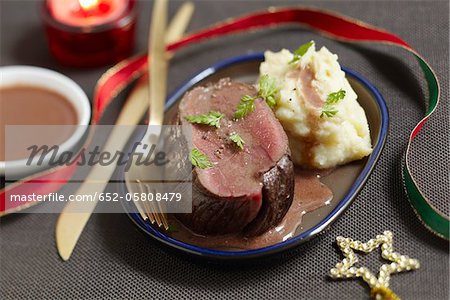 Roast bison with Grand veneur sauce,mixed mashed potatoes and celeriac Roast bison with Grand veneur sauce,mixed mashed potatoes and celeriac