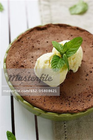 Chocolate and mint cake with vanilla ice cream