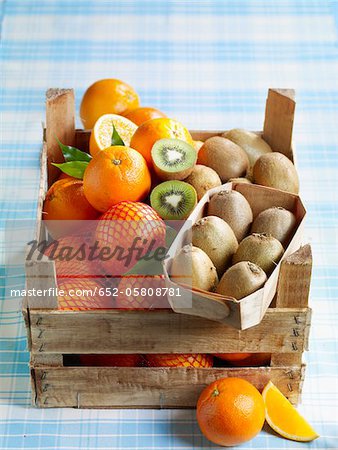 Crate of oranges and kiwis