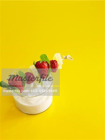 Fromage blanc with a brochette of fresh fruit