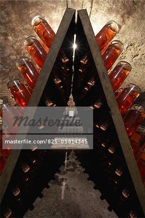 Rosa Sektflaschen in einem Keller-Racks