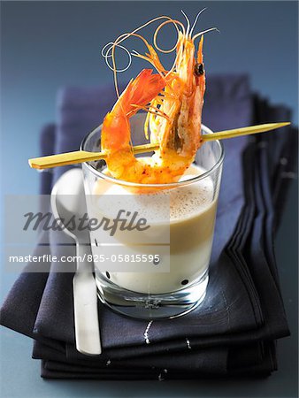 Cream of parsnip,chestnut emulsion and grilled gambas