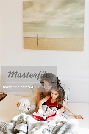 Mother and daughter reading in bed