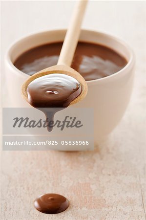 Bowl and spoonful of melted chocolate