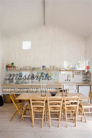 Table en bois et chaises au centre de la cuisine de style champêtre avec des murs en bois et plafond