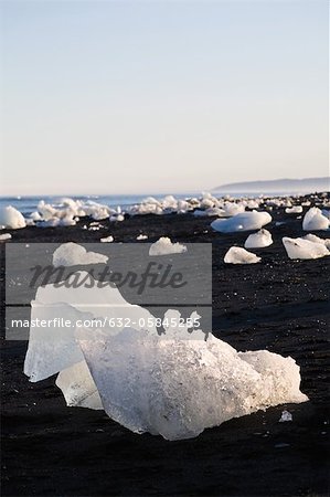 Large pieces of glacial ice washed up on beach, Jokulsarlon glacial lagoon, Iceland