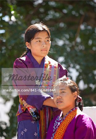 Young women in national dress, Wangdue Phodrang (Wangdi), Bhutan, Asia