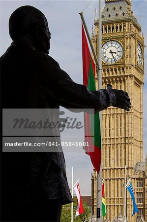 Nelson Mandela statue and Big Ben, Westminster, London, England, United Kingdom, Europe