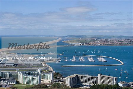 View of Chesil Beach from the hilltop of the Isle of Portland, Dorset, England, United Kingdom, Europe