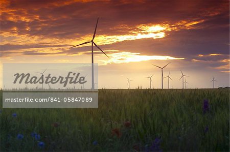 Éoliennes au coucher du soleil, parc éolien Kavarna, Kavarna, Bulgarie, Europe