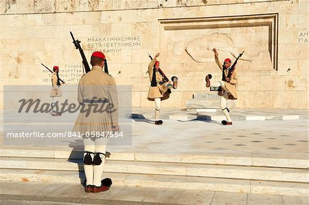 Evzone, Greek guards during the changing of the guard ceremony, Syntagma Square, Parliament Buildings, Athens, Greece, Europe