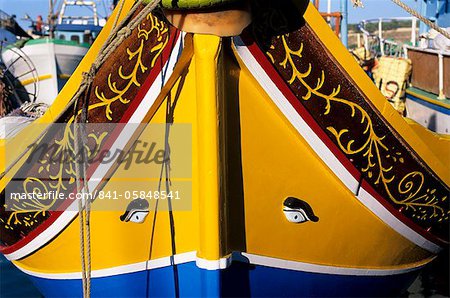 Bow of traditional Maltese Luzzu fishing boat with the Eye of Osiris, Malta, Mediterranean, Europe