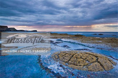Formations de roche sur le plateau de schiste dans la baie de Saltwick, avec des nuages orageuses et averses de pluie dans le lointain, North Yorkshire, Yorkshire, Angleterre, Royaume-Uni, Europe