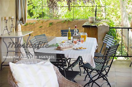 Food on table in porch