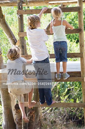 Rear view of children climbing ladders to tree house