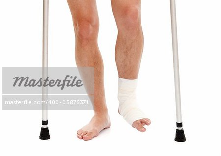 Man with walker having white bandage gauze on left leg