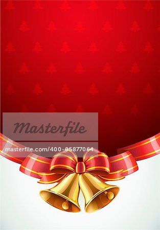 Vector illustration of Christmas decorative background with two golden bells, red bow and ribbon