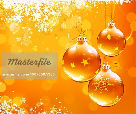 Vector illustration of orange christmas abstract background with cool snowflakes and Christmas decorations
