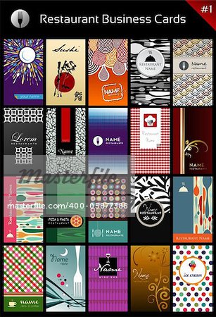 20 business cards for restaurant for differents styles. Vector available