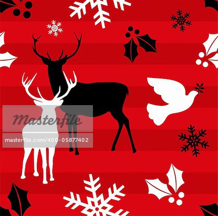 Christmas elements and reindeers over red striped pattern background .Vector illustration