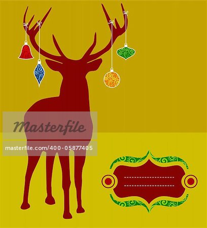 Christmas reindeer silhouette with decorations hanged from its antlers over mustard background. Ready for use as postage greeting card.