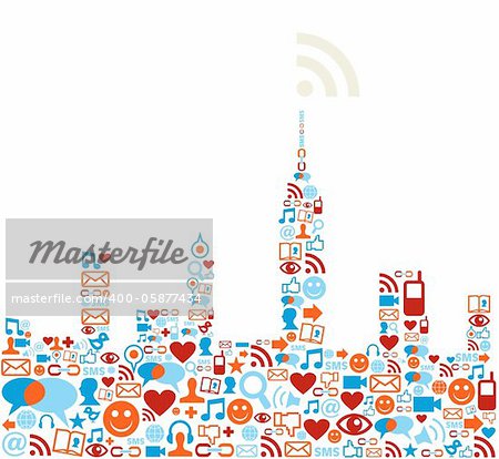 Social media icons set in cityscape shape.
