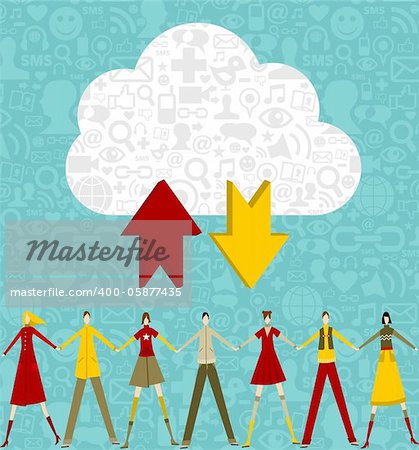 Cloud computing people concept on blue background with social icons. Vector file available.