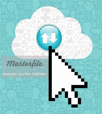 Arrow cursor clicking on a cloud with icons of social media on blue background.  Vector file available.