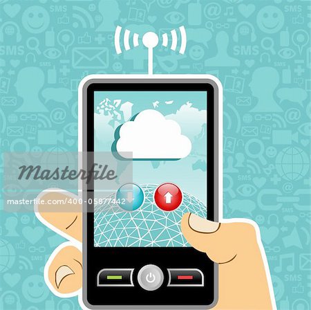 Hand holding a cell phone with cloud of communication on blue background with social media icons. Vector file available.