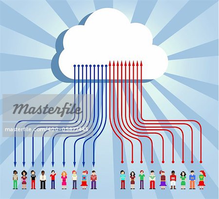Cloud computing social team under cloud with arrows going up and down on blue background.  Vector file available.