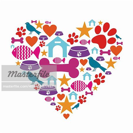 Heart shape made with pets care icons set.