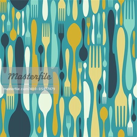 Cutlery icons seamless pattern background. Fork, knife and spoon silhouettes on different sizes and colors. Vector available.