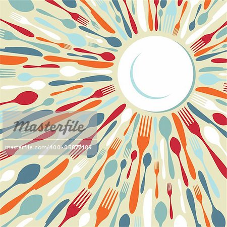 Restaurant background. Fork, knife and spoon silhouettes on different sizes and colors around white dish. Vector available