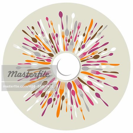 Circle restaurant background. Fork, knife and spoon silhouettes on different sizes and colors around white dish. Vector available