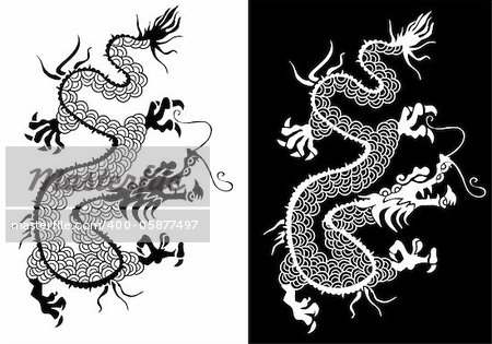 Positive negative Chinese dragon silhouette symbol illustration.