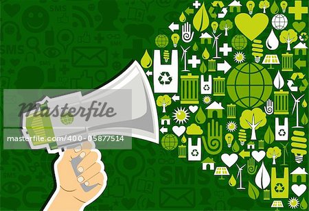 Hand holding a megaphone promotel eco friendly icons over green background. Vector file available.