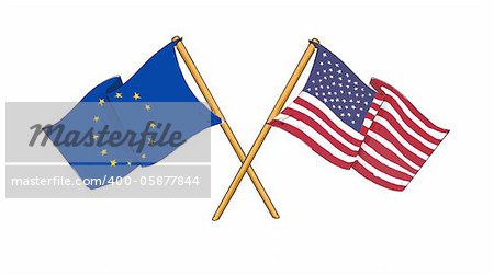 cartoon-like drawings of flags showing friendship between Europe and USA