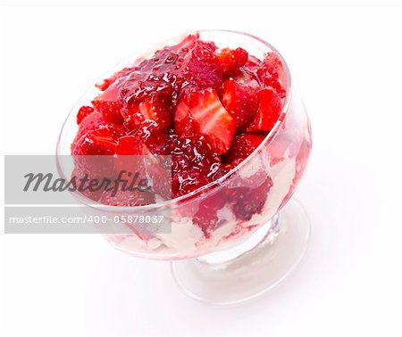 Ice cream with fresh strawberry and raspberry jam