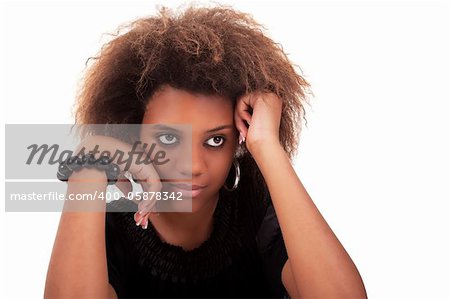 beautiful black  woman, with a sad look, isolated on white background