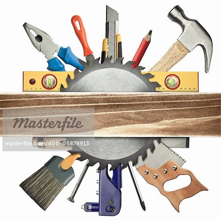 Carpentry background. Tools underneath the wood plank.