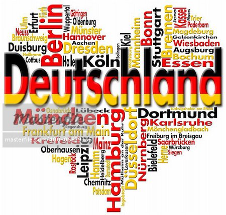 Written Deutschland and german cities with heart-shaped, german flag colors