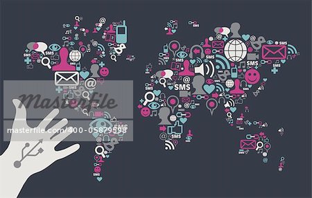 Social media icons set in World Map shape with one USB white hand over black background. Vector file available.