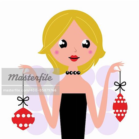 Cute retro woman holding xmas balls. Vector vintage Illustration.