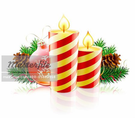 Vector illustration of Christmas decorative composition with evergreen branches, pine cones and candles